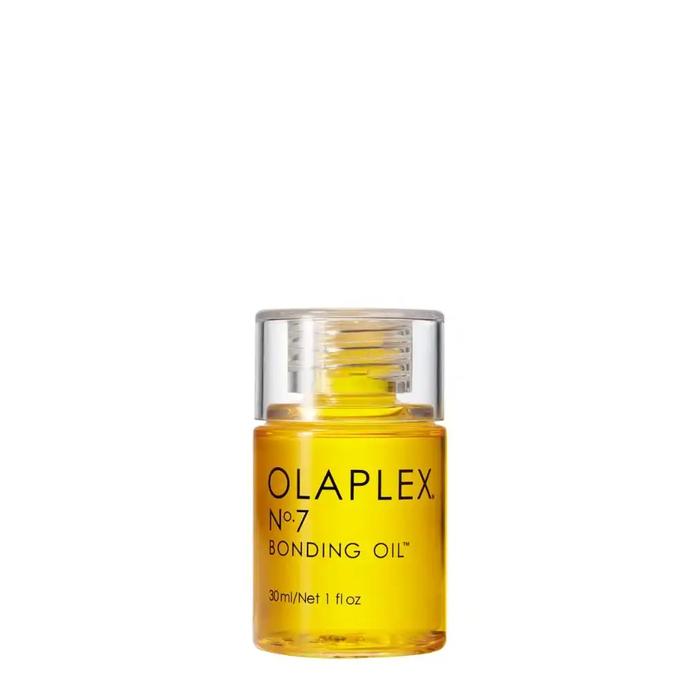 Huile de fixation Olaplex No.7 pour cheveux brillants et réparés.