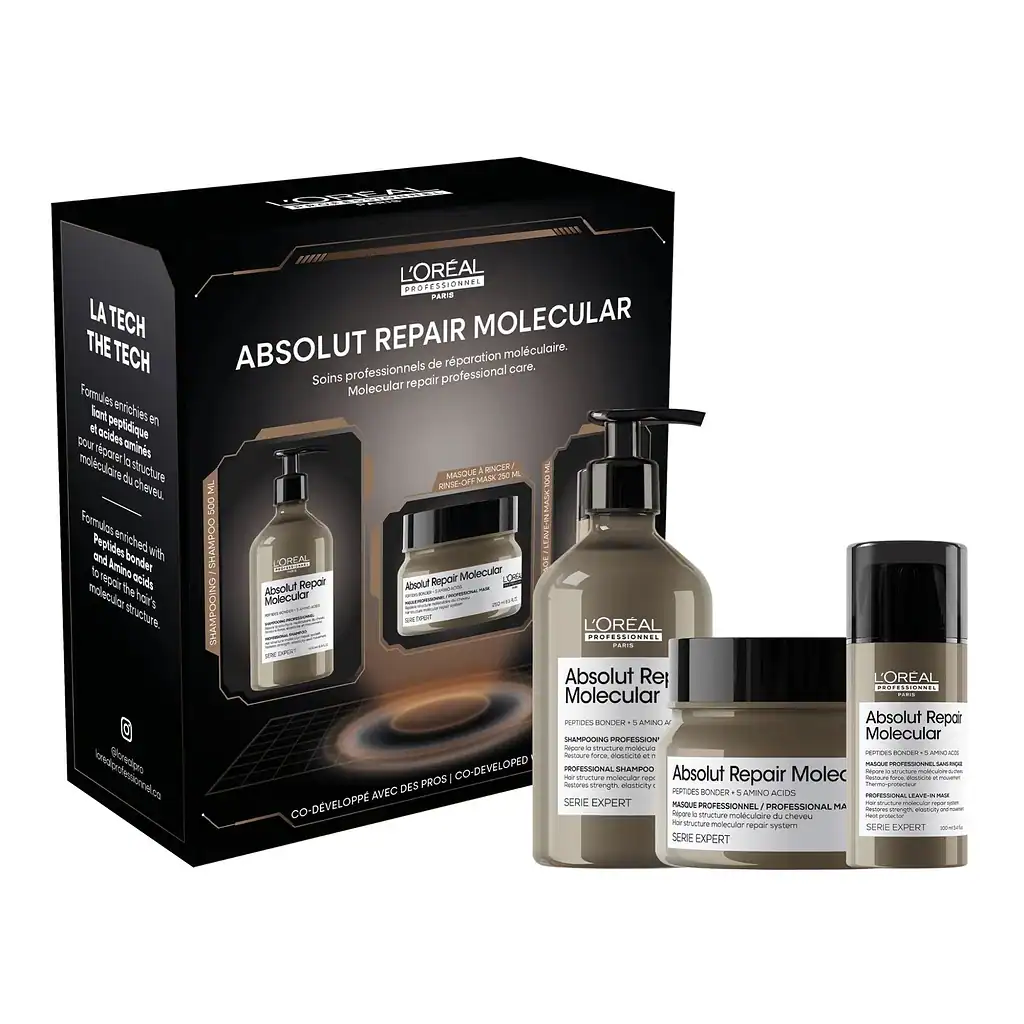 Kit de soins capillaires L'Oréal Absolut Repair Molecular pour réparation intense.
