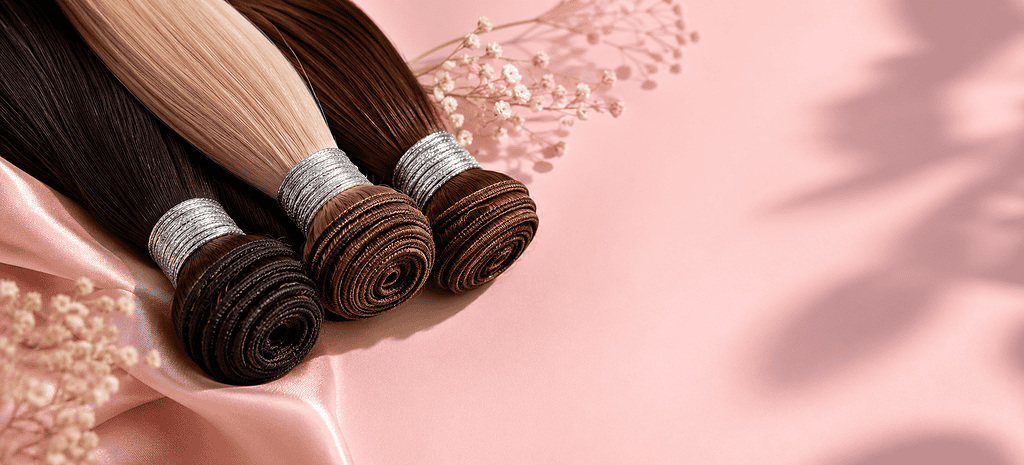 Extensions de cheveux bouclés dans différentes nuances de brun et blond.